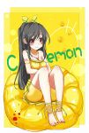  ankle_lace-up anklet bad_id barefoot black_hair blush c.c._lemon cross-laced_footwear feet heart highres jewelry long_hair sei000 smile solo toenail_polish toes very_long_hair yellow 