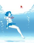  afloat bare_legs barefoot black_hair bubble feet fish floating francine_(daijaemon) freediving ocean original sand school_uniform serafuku swimming toes underwater water 