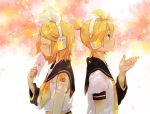  1girl back-to-back blonde_hair bow brother_and_sister closed_eyes eyes_closed green_eyes hair_bow headphones kagamine_len kagamine_rin letter sailor_collar short_hair siblings twins vocaloid yukkii 