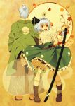  1boy 1girl :d alternate_costume bad_id bloomers boots hairband hitodama holding konpaku_youki konpaku_youmu konpaku_youmu_(ghost) ogino_(oginogino) open_mouth red_eyes scabbard sheath silver_hair smile standing touhou 