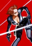  avengers black_widow black_widow_(marvel) bodysuit breasts cleavage green_eyes gun handgun highres lipstick makeup marvel natasha_romanoff novik realistic red_hair redhead short_hair solo weapon 