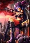  armlet blue_hair breasts cape coin crossed_legs crown dagger female gauntlets hat high_heels highres holysnow legs_crossed long_hair original pirate pirate_hat red_eyes shoes sitting skull solo sword treasure treasure_chest weapon 