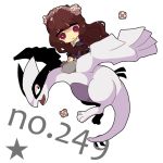  brown_hair creature flying grin light_smile long_hair looking_down looking_up lugia ngayope pokemon red_eyes riding simple_background sitting smile star text wavy_hair white_background 