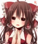  bare_shoulders blush brown_hair colored detached_sleeves fang hair_tubes hakurei_reimu hands_together heart long_hair open_mouth red_eyes simple_background solo touhou white_background yamasuta 