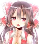  ahoge ascot bow brown_hair colored detached_sleeves fang hair_bow hair_tubes hakurei_reimu hands_clasped long_hair looking_at_viewer open_mouth red_eyes solo touhou white_background yamasuta 