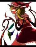  bow crystal flandre_scarlet frills hat hat_bow kneeling letterboxed puffy_sleeves red_eyes shiina_shian short_hair short_sleeves side_ponytail skirt skirt_set solo sweat tears thighhighs tied_up touhou white_background white_legwear wings 