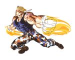  1boy 90s abs american_flag blonde_hair boots camouflage_legwear capcom cross-laced_footwear dog_tags guile lace-up_boots military muscle solo sonic_boom street_fighter street_fighter_ii tattoo 