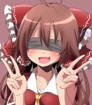  :d bare_shoulders blindfold blush brown_background brown_hair collarbone colored derivative_work detached_sleeves double_v fang hair_tubes hakurei_reimu kuromu_(underporno) long_hair open_mouth simple_background smile solo touhou v yamasuta 