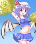  1girl alternate_costume arlonn arm_up bat_wings blue_background blush_stickers cheerleader crop_top hat hat_ribbon lavender_hair looking_at_viewer miniskirt open_mouth pom_poms red_eyes remilia_scarlet ribbon short_hair simple_background skirt smile solo touhou wings 