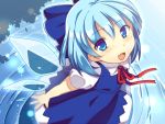  :d blue_hair blush cirno dress fang ice ice_wings looking_at_viewer matatabi_maru open_mouth short_hair smile solo touhou water wings 