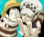  &gt;:( &gt;:) aqua_background beard black_hair blue_background earmuffs earrings facial_hair foreshortening goatee hat jacket jewelry kyakya looking_at_viewer male monkey_d_luffy multiple_boys one_piece scar short_hair simple_background smile striped_clothes tattoo trafalgar_law 
