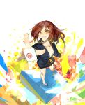  :3 brown_hair colorful from_above jersey long_hair lucarios mahjong mahjong_tile naked_track_jacket no_bra no_socks orange_eyes outstretched_arm ponytail saki saki_achiga-hen shoes smile solo standing takakamo_shizuno track_jacket uwabaki 