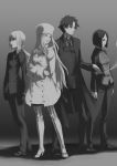  3girls bob_cut boots cigarette coat d-gunhoo emiya_kiritsugu fate/zero fate_(series) formal greyscale hat highres hisau_maiya irisviel_von_einzbern long_coat long_hair monochrome multiple_girls pant_suit pantyhose ponytail saber short_hair suit thigh-highs thigh_boots thighhighs 