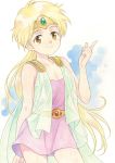  1girl agahari bare_shoulders blonde_hair breasts brown_eyes cape circlet dragon_quest dragon_quest_dai_no_daibouken highres long_hair looking_at_viewer princess_leona smile solo traditional_media 