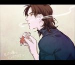  brown_eyes brown_hair buretin cigarette fate/stay_night fate_(series) kotomine_kirei letterboxed male smoking solo t-shirst 