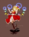  adapted_costume ascot belt blonde_hair bloomers character_name cross-laced_footwear crystal flandre_scarlet hat hat_ribbon highres laevatein laevateinn open_mouth oso_(toolate) puffy_sleeves red_eyes ribbon short_sleeves solo touhou weapon wings 