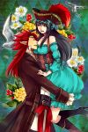  1girl bangs bare_shoulders belt bird black_hair boots bow breasts carrying cleavage closed_eyes corset couple detached_sleeves dress eyes_closed flower hat high_heels juju_(mayamaya) long_coat long_hair original pirate pirate_hat pointy_ears profile red_hair redhead seagull shoes yellow_eyes 