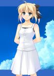  ahoge arms_behind_back azu bare_shoulders blonde_hair blue_eyes bow casual dress fate/stay_night fate/unlimited_codes fate_(series) hair_bow long_hair ponytail saber saber_lily sky solo 
