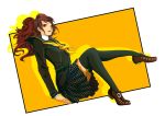  black_legwear brown_eyes earrings houndstooth jewelry kujikawa_rise loafers persona persona_4 pleated_skirt red_hair redhead school_uniform serafuku shoes skirt smile solo thigh-highs thighhighs twintails 