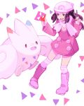  1girl beanie black_hair boots drawr hacohune hair_ornament hat hikari_(pokemon) hikari_(pokemon)_(remake) long_hair open_mouth pokemon pokemon_(creature) pokemon_(game) pokemon_dppt scarf scissors togekiss winter_clothes 