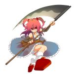  bare_shoulders breasts cleavage clog_sandals dress elbow_gloves frills gloves grin hair_bobbles hair_ornament highres long_hair myou_mu onozuka_komachi purple_eyes red_hair redhead sash scythe shaded_face smile solo tabi touhou twintails violet_eyes 