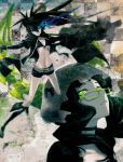  belt bikini_top black_hair black_rock_shooter black_rock_shooter_(character) blue_eyes boots bridal_veil cannon coat dead_master flame front-tie_top glasses gloves green-framed_glasses green_eyes green_hair horns huke midriff multiple_girls short_shorts shorts veil 