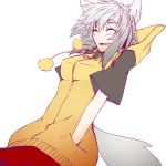  alternate_costume animal_ears bust closed_eyes contemporary eyes_closed hands_in_pockets hood hoodie icf inubashiri_momiji mazuka_kei open_mouth short_hair short_sleeves silver_hair simple_background sketch smile solo tail touhou white_background wolf_ears wolf_tail 