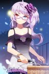 arbiter_cabernet bangle bare_shoulders basket bicycle blue_eyes bow bracelet breasts collarbone frills gilse glass glasses grin hair_bow heterochromia holding jewelry long_hair lowres multicolored_eyes night outdoors pantyhose ponytail purple_hair red_eyes side_ponytail smile star striped sword_girls 