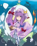 absurdres b.d blush book bow capelet cloud clouds crescent fish hair_bow hat highres long_hair long_sleeves mountain open_mouth patchouli_knowledge purple_eyes purple_hair shark sky solo touhou underwater very_long_hair violet_eyes wide_sleeves 