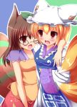  animal_ears arm_around_neck blonde_hair brown_eyes brown_hair fox_tail futatsuiwa_mamizou glasses hat hat_with_ears highres leaf leaf_on_head liya long_hair multiple_girls multiple_tails open_mouth raccoon_ears raccoon_tail short_hair skirt tail touhou wide_sleeves wink winl yakumo_ran 