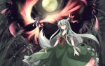  bamboo dress ex-keine fiery_wings flying fujiwara_no_mokou full_moon green_dress hair_between_eyes kamishirasawa_keine large_wings long_hair looking_away moon multiple_girls night pants red_eyes shika_lq short_sleeves tail touhou wings 