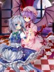  absurdres ahoge animal_ears bat bat_wings birdcage blue_hair cage card cat_ears checkered checkered_floor flandre_scarlet flying full_moon gyaza hand_holding hat hat_ribbon highres holding_hands izayoi_sakuya maid maid_headdress moon multiple_girls playing_card purple_hair red_eyes remilia_scarlet ribbon silver_hair touhou white_legwear window wings 
