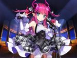  1girl blue_eyes detached_sleeves fate/extra fate/extra_ccc fate_(series) horns lancer_(fate/extra_ccc) long_hair microphone microphone_stand official_art pink_hair pointy_ears wada_aruko 