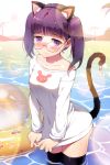  animal_ears black_legwear blush cat_ears cat_tail collarbone frown gilse glasses holding innertube lens_flare long_hair lowres purple_eyes purple_hair shirt_tug solo sword_girls tail thigh-highs thighhighs twintails violet_eyes wading water wavy_mouth wet wet_clothes wet_shirt 