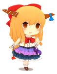  :o belt blush_stickers bobby_socks bow chain chains chibi clenched_hand cuffs hair_bow hair_ribbon hand_on_hip hips horn_ribbon horns ibuki_suika long_hair looking_at_viewer manacles mary_janes orange_hair red_eyes rei_(tonbo0430) ribbon shadow shoes simple_background skirt sleeveless sleeveless_shirt socks solo touhou very_long_hair white_background 