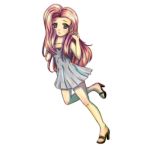 1girl blush dress female fluttershy fluttershy_(my_little_pony) fluttershy_(my_little_pony_friendship_is_magic) green_eyes high_heels long_hair lowres my_little_pony my_little_pony_friendship_is_magic open_shoes pink_hair renxtsoto sandals simple_background solo standing_on_one_leg 