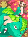  1girl blue_(pokemon) brown_hair konatsu_(tegaki) long_hair pokemon pokemon_(creature) pokemon_(game) pokemon_frlg skirt tegaki tongue venusaur 