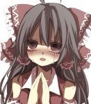  bare_shoulders blush brown_hair colored derivative_work detached_sleeves empty_eyes fang gaoo_(frpjx283) hair_tubes hakurei_reimu hands_together long_hair open_mouth red_eyes simple_background solo tears touhou white_background yamasuta 