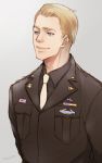  blonde_hair blue_eyes kanapy male marvel medal military military_uniform necktie signature smile solo steve_rogers uniform 