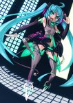  ahoge aqua_eyes aqua_hair bad_id breasts bridal_gauntlets center_opening elbow_gloves g.haruka gloves hatsune_miku hatsune_miku_(append) long_hair looking_at_viewer miku_append navel necktie open_mouth solo twintails very_long_hair vocaloid vocaloid_append 