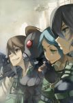  assault_rifle blue_eyes blue_hair brown_hair cigar gas_mask gloves green_eyes group_profile gun helicopter highres jonasan lineup load_bearing_vest m4_carbine multiple_girls original profile red_eyes rifle short_hair weapon 