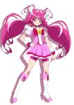  bike_shorts boots bowtie brooch choker cure_happy dress hand_on_hip head_wings highres hips hoshizora_miyuki jewelry kanhara_tsumugi long_hair magical_girl pink_dress pink_eyes pink_hair precure shadow shorts_under_skirt skirt smile smile_precure! solo tiara transparent_background twintails white_background wrist_cuffs 