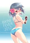  &gt;:o 2012 bikini blush english flower hair_flower hair_ornament hibiscus holding multicolored_eyes open_mouth original red_eyes sea_cucumber short_hair silver_hair solo sweatdrop swimsuit wet zpolice 