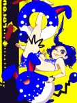  1girl azumarill barefoot bikini blue_hair falling haru_urara open_mouth personification pokemon short_hair swimsuit tail tongue wink yellow_background 