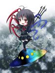  animal antenna_hair asymmetrical_wings black_hair black_legwear blush bow houjuu_nue miniskirt open_mouth polearm puffy_sleeves red_eyes shiina_shian short_hair short_sleeves skirt snake solo thigh-highs thighhighs touhou trident ufo weapon wings 