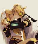  1girl blonde_hair blush bow brother_and_sister closed_eyes detached_sleeves eyes_closed hair_bow hair_ornament hairclip incest interlocked_fingers kagamine_len kagamine_rin kiss midriff navel short_hair siblings twincest twins vocaloid yukkii 