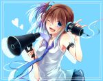  ;d blue_background blue_hair blush brown_hair heart holding megaphone nasuko necktie open_mouth original phone side_ponytail skirt smile solo string_phone wink 