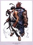  2boys absurdres back-to-back barefoot beads black_hair clenched_hands dougi gouki highres kote lee_jung-myung multiple_boys muscle prayer_beads red_hair redhead ryuu_(street_fighter) scan short_hair street_fighter topknot 