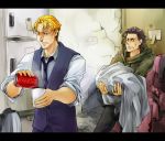  agathaxe ahoge black_hair blonde_hair blue_eyes casual coca-cola cup fate/zero fate_(series) hair_down kayneth_archibald_el-melloi lancer_(fate/zero) male mug multiple_boys necktie product_placement refrigerator tea teacup vest yellow_eyes 