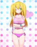  ;) blonde_hair breasts erubo green_eyes heart long_hair mound_of_venus original panties pink_panties polka_dot polka_dot_background side-tie_panties smile solo tank_top underwear wink 